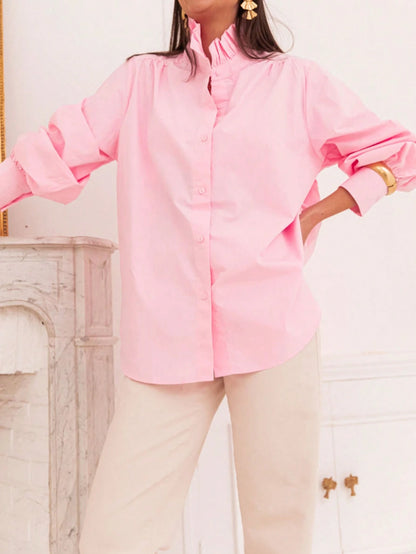 New Arrival Fashionable Elegant Solid Color Lantern Sleeve Stand Collar Casual Shirt, Suitable For Daily, Festivals, Vacation, And Dates Pink