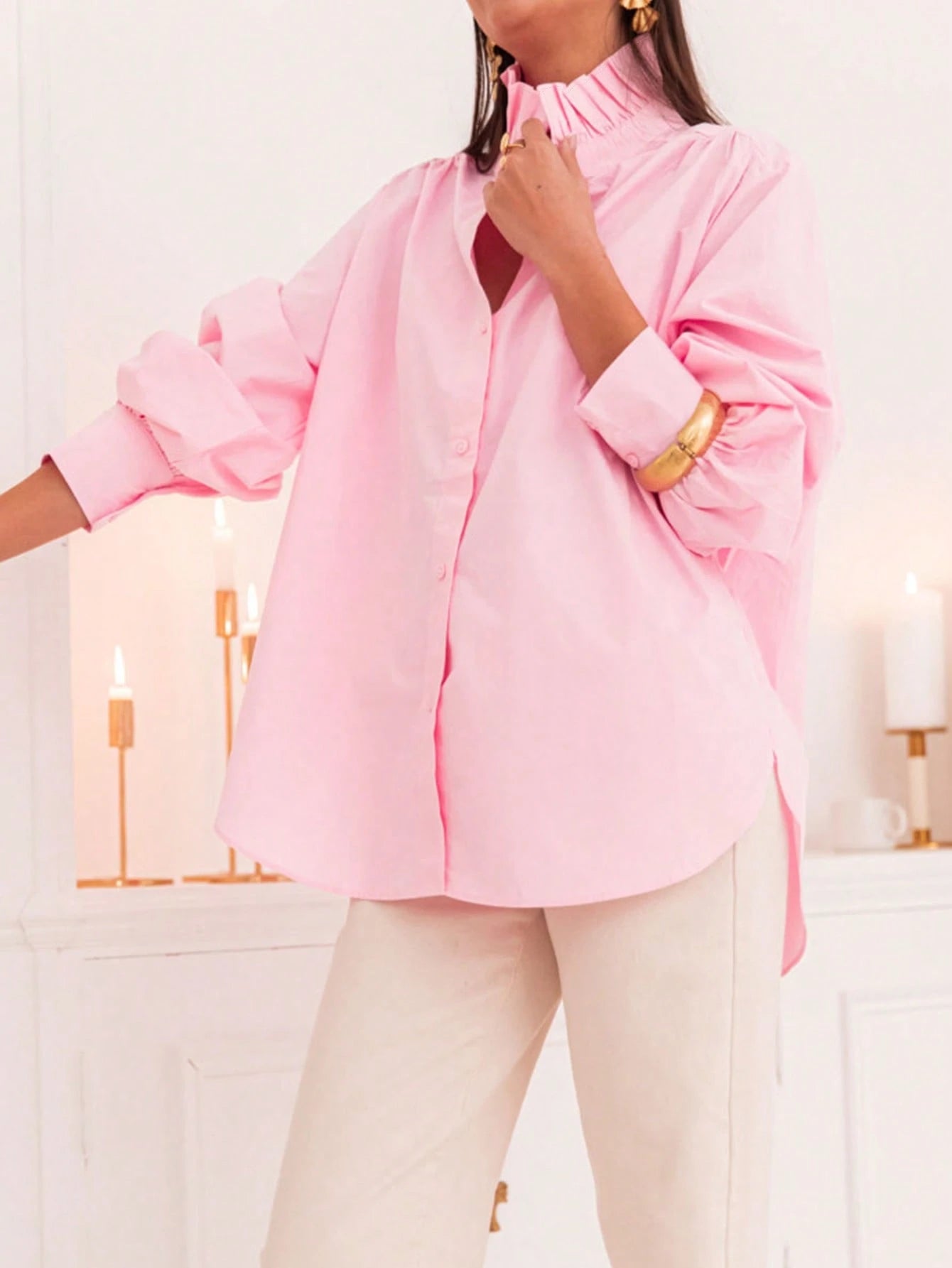 New Arrival Fashionable Elegant Solid Color Lantern Sleeve Stand Collar Casual Shirt, Suitable For Daily, Festivals, Vacation, And Dates Pink