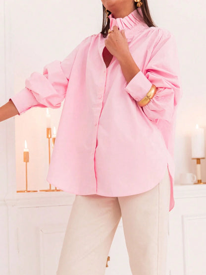 New Arrival Fashionable Elegant Solid Color Lantern Sleeve Stand Collar Casual Shirt, Suitable For Daily, Festivals, Vacation, And Dates Pink