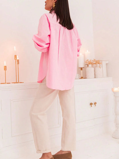 New Arrival Fashionable Elegant Solid Color Lantern Sleeve Stand Collar Casual Shirt, Suitable For Daily, Festivals, Vacation, And Dates Pink