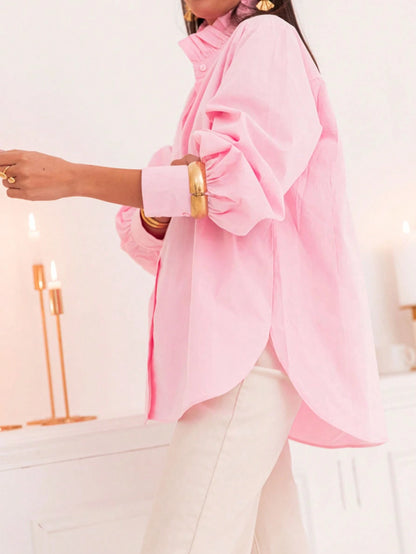 New Arrival Fashionable Elegant Solid Color Lantern Sleeve Stand Collar Casual Shirt, Suitable For Daily, Festivals, Vacation, And Dates Pink