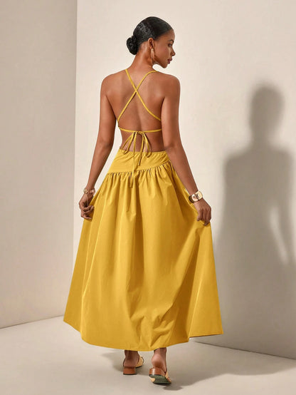 New Arrival Spring/Summer Casual Vacation Asymmetric Hollow-Out Backless Cross-Tied Long Dress,Business Casual Woman