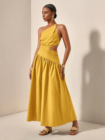 New Arrival Spring/Summer Casual Vacation Asymmetric Hollow-Out Backless Cross-Tied Long Dress,Business Casual Woman