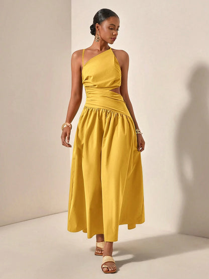 New Arrival Spring/Summer Casual Vacation Asymmetric Hollow-Out Backless Cross-Tied Long Dress,Business Casual Woman