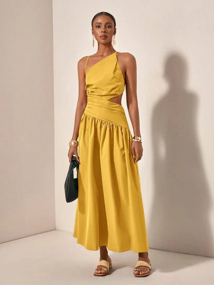 New Arrival Spring/Summer Casual Vacation Asymmetric Hollow-Out Backless Cross-Tied Long Dress,Business Casual Woman