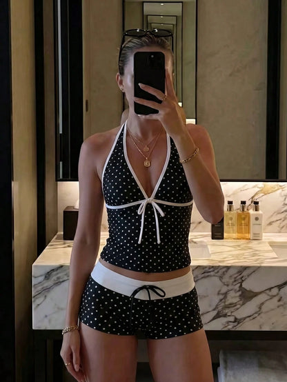 New Arrival Summer Sweet Cute Black & White Polka Dot Halter Tankini Swimsuit Set, Beach Vacation Casual