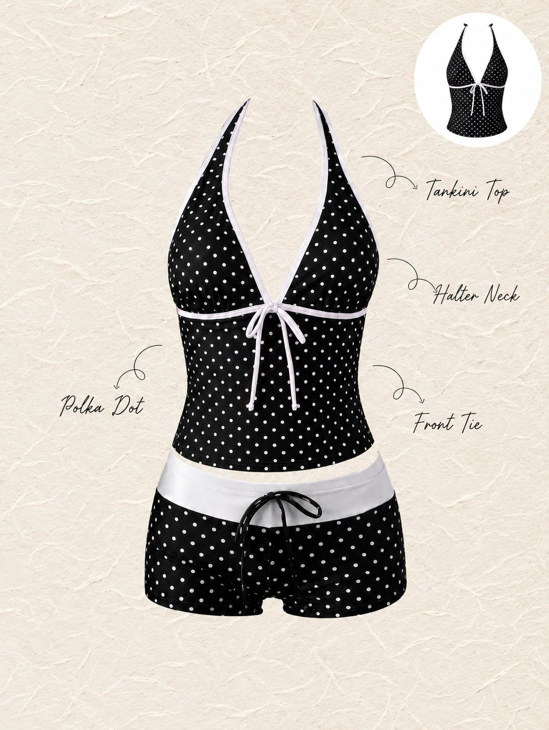 New Arrival Summer Sweet Cute Black & White Polka Dot Halter Tankini Swimsuit Set, Beach Vacation Casual
