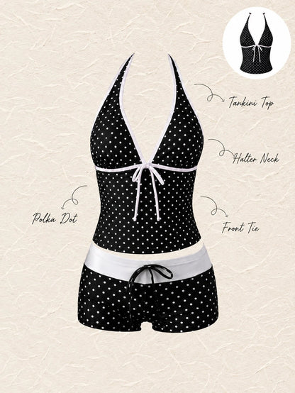 New Arrival Summer Sweet Cute Black & White Polka Dot Halter Tankini Swimsuit Set, Beach Vacation Casual