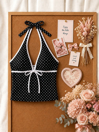 New Arrival Summer Sweet Cute Black & White Polka Dot Halter Tankini Swimsuit Set, Beach Vacation Casual