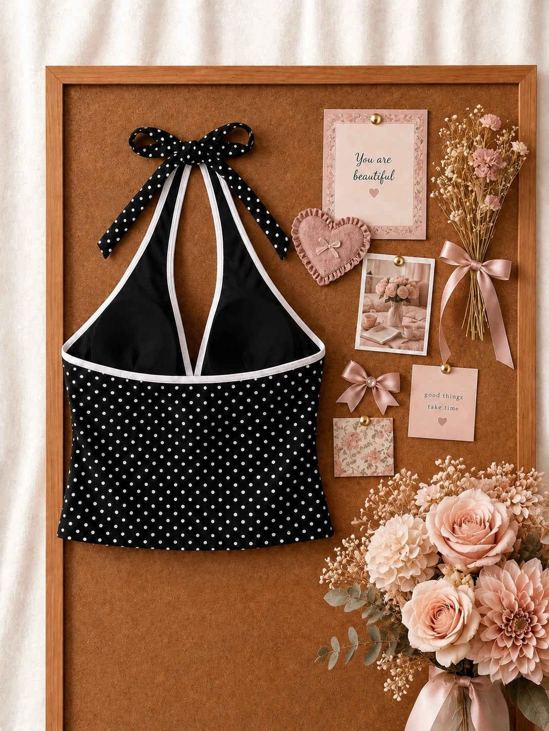New Arrival Summer Sweet Cute Black & White Polka Dot Halter Tankini Swimsuit Set, Beach Vacation Casual