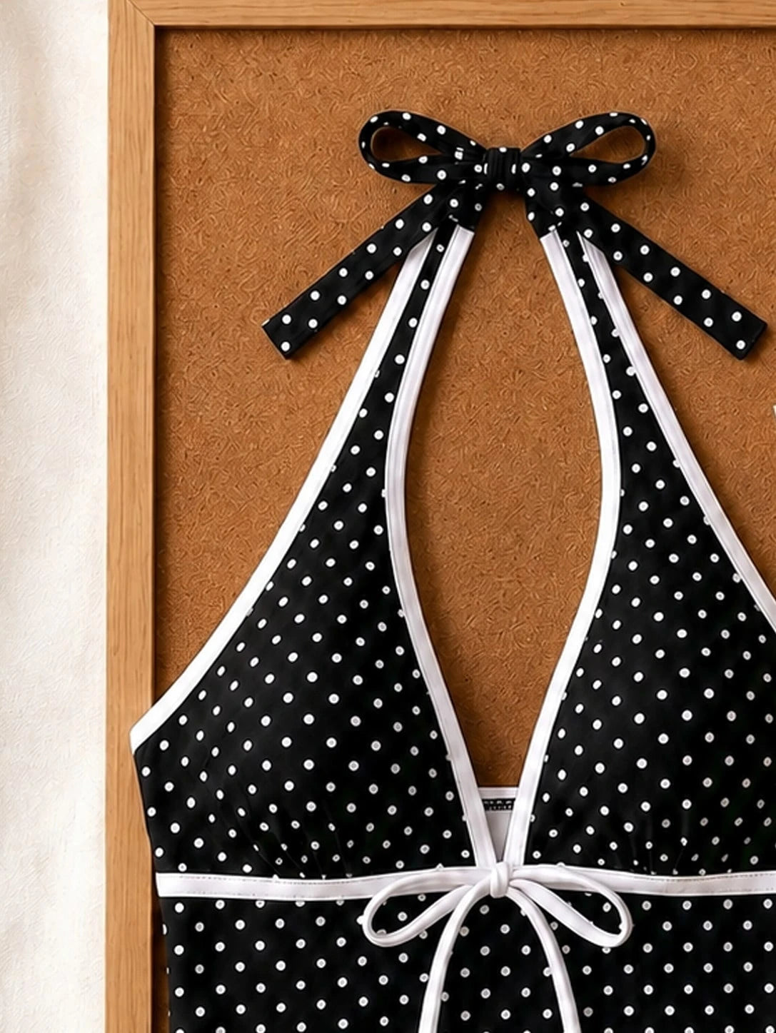 New Arrival Summer Sweet Cute Black & White Polka Dot Halter Tankini Swimsuit Set, Beach Vacation Casual