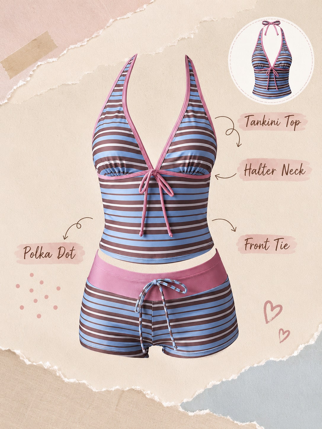 New Arrival Summer Sweet Cute Black & White Polka Dot Halter Tankini Swimsuit Set, Beach Vacation Casual