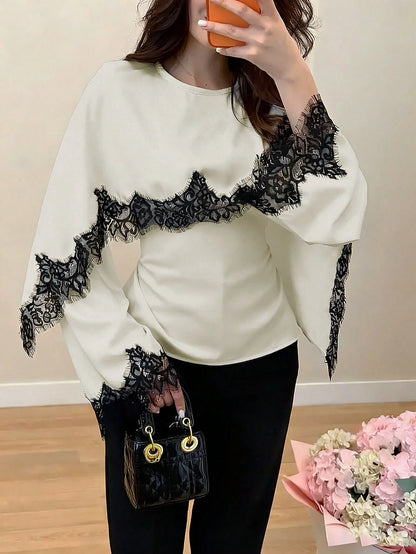 New Arrival Women's Solid Color Lace Patchwork Elegant Long Sleeve Tie Front Satin Top, Suitable For Spring/Summer Vacation