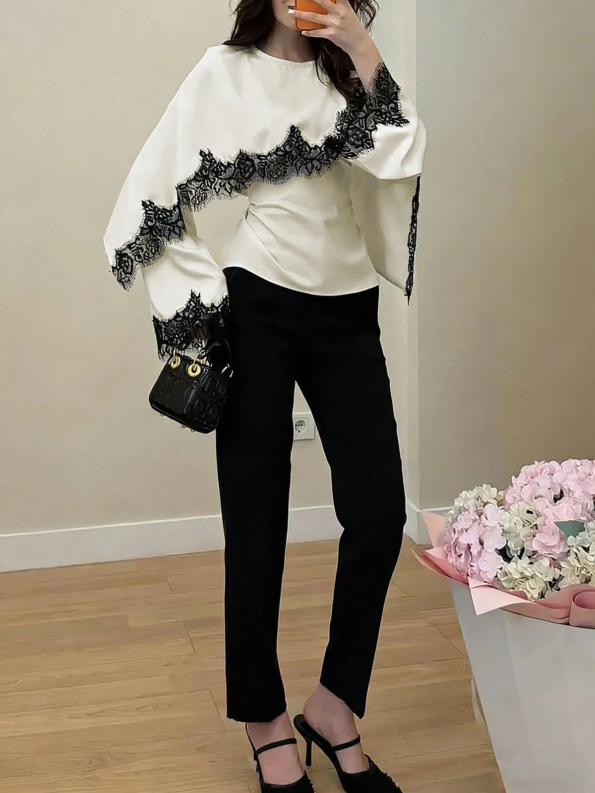 New Arrival Women's Solid Color Lace Patchwork Elegant Long Sleeve Tie Front Satin Top, Suitable For Spring/Summer Vacation