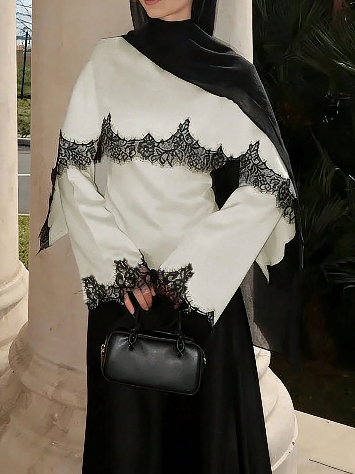 New Arrival Women's Solid Color Lace Patchwork Elegant Long Sleeve Tie Front Satin Top, Suitable For Spring/Summer Vacation