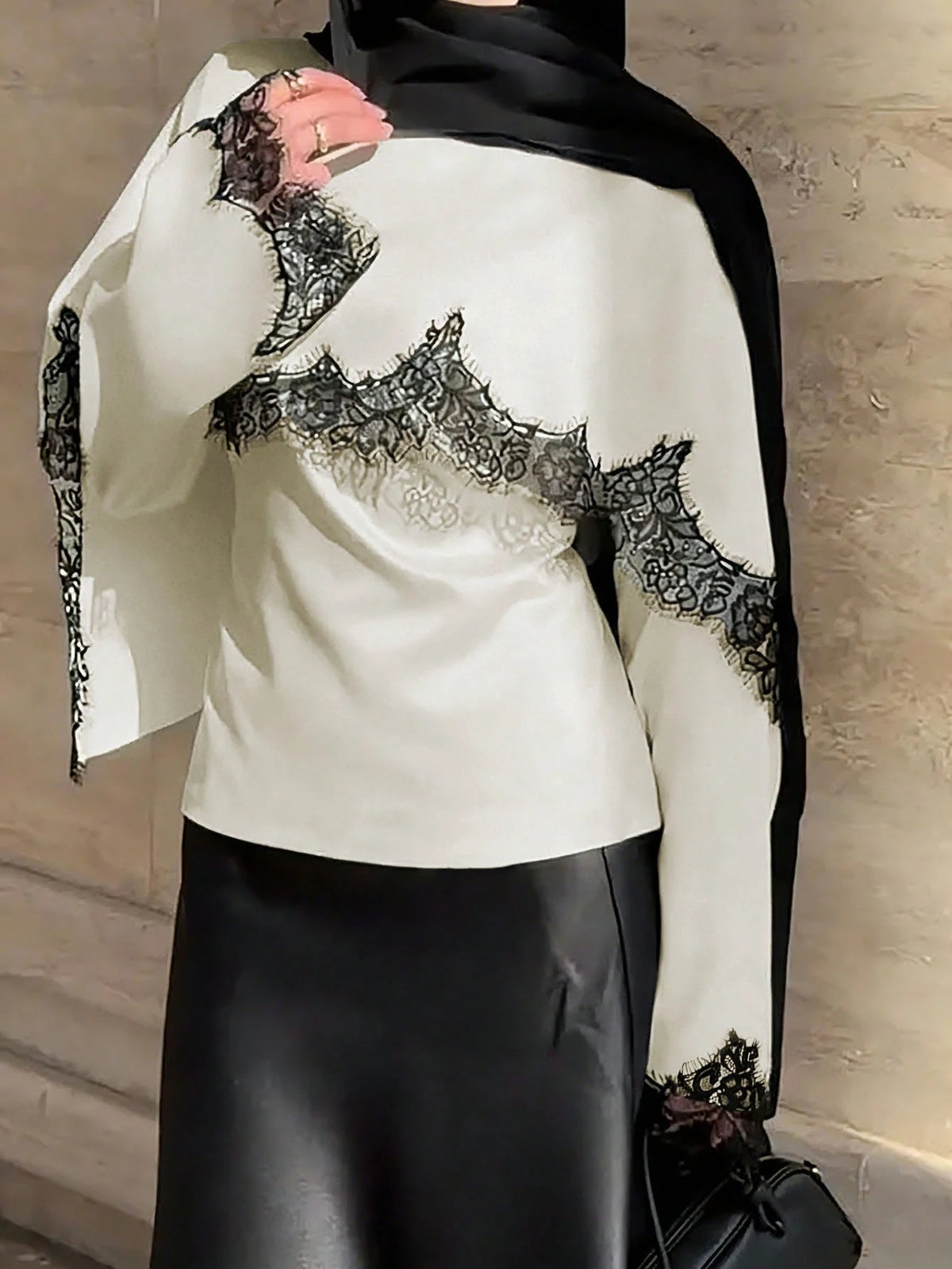 New Arrival Women's Solid Color Lace Patchwork Elegant Long Sleeve Tie Front Satin Top, Suitable For Spring/Summer Vacation