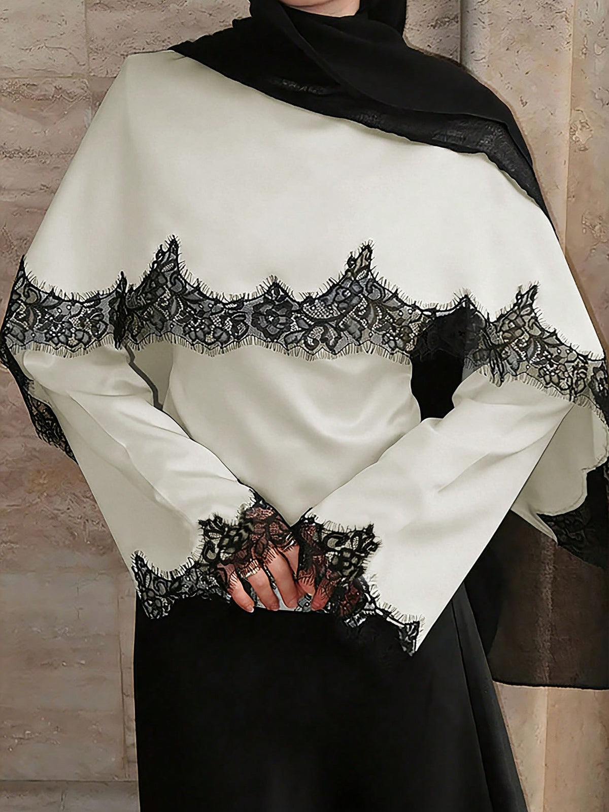 New Arrival Women's Solid Color Lace Patchwork Elegant Long Sleeve Tie Front Satin Top, Suitable For Spring/Summer Vacation