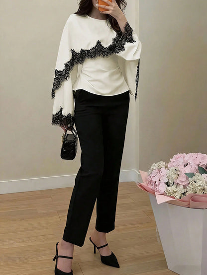 New Arrival Women's Solid Color Lace Patchwork Elegant Long Sleeve Tie Front Satin Top, Suitable For Spring/Summer Vacation