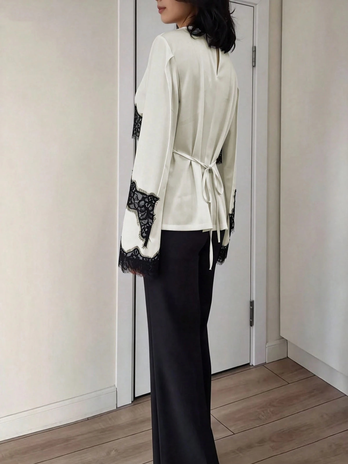 New Arrival Women's Solid Color Lace Patchwork Elegant Long Sleeve Tie Front Satin Top, Suitable For Spring/Summer Vacation