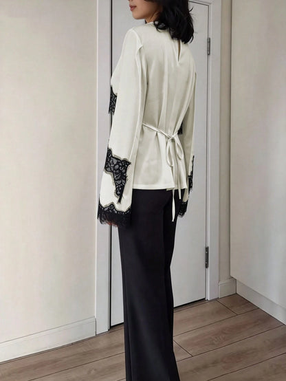 New Arrival Women's Solid Color Lace Patchwork Elegant Long Sleeve Tie Front Satin Top, Suitable For Spring/Summer Vacation