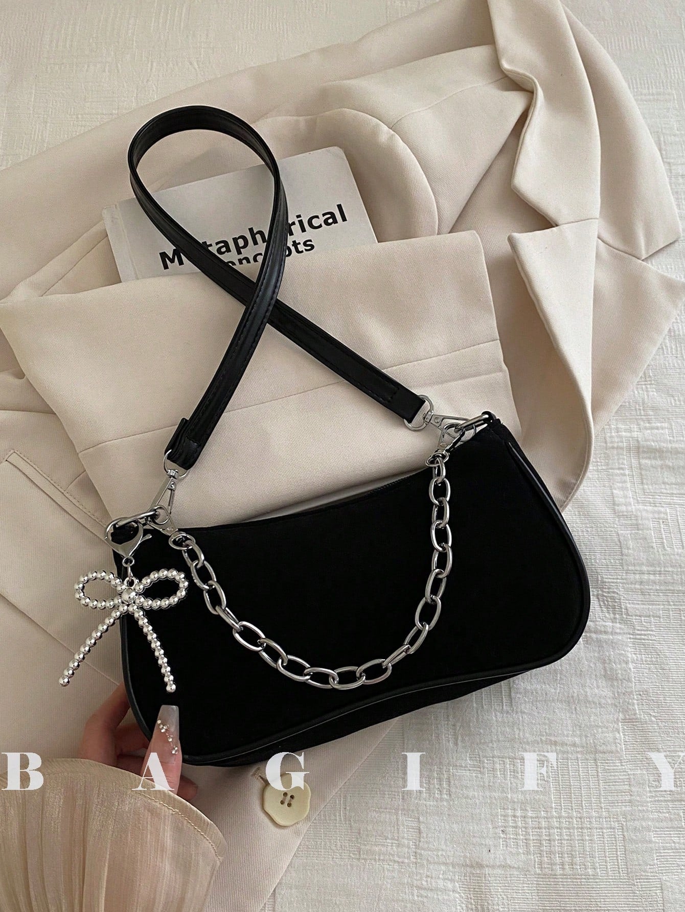 New Fashion Chain Bow Decor Handbag, Suitable For Parties, Outings, Vacations, Shopping And Daily Use