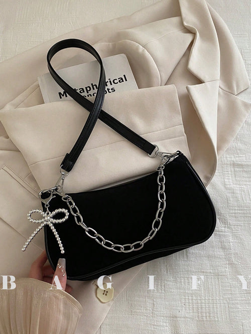New Fashion Chain Bow Decor Handbag, Suitable For Parties, Outings, Vacations, Shopping And Daily Use