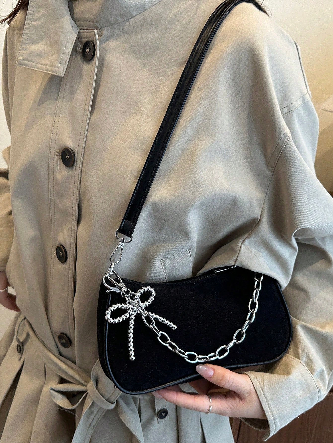 New Fashion Chain Bow Decor Handbag, Suitable For Parties, Outings, Vacations, Shopping And Daily Use