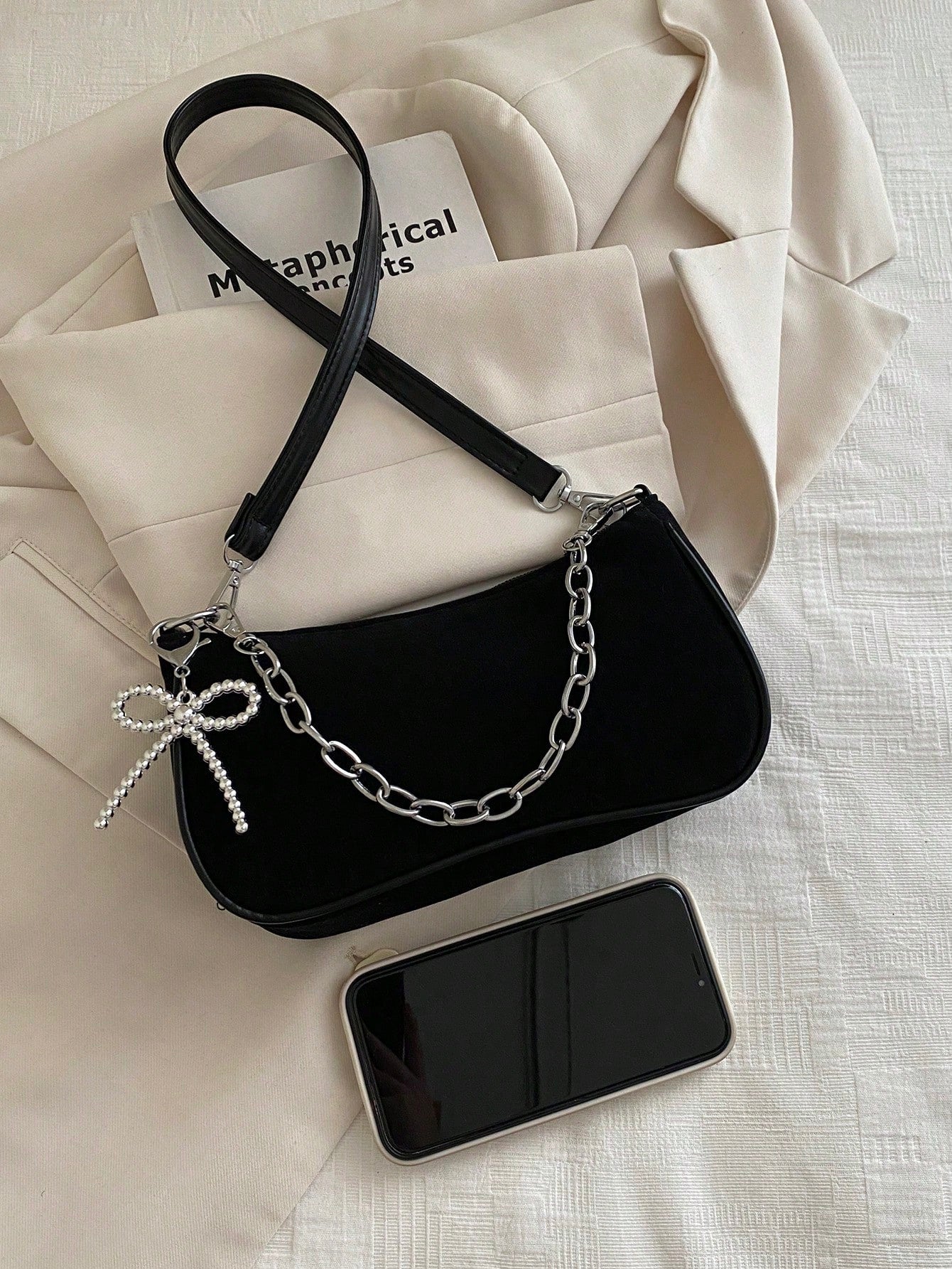 New Fashion Chain Bow Decor Handbag, Suitable For Parties, Outings, Vacations, Shopping And Daily Use