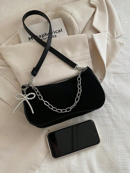 New Fashion Chain Bow Decor Handbag, Suitable For Parties, Outings, Vacations, Shopping And Daily Use