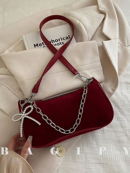 New Fashion Chain Bow Decor Handbag, Suitable For Parties, Outings, Vacations, Shopping And Daily Use