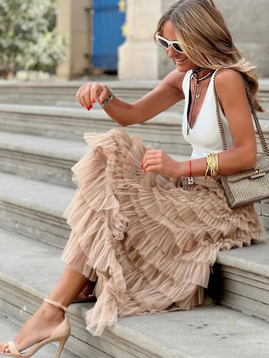 New French Style Long Skirt For Women, Elegant High Waist Mesh Tulle Puff Skirt, Autumn Spring