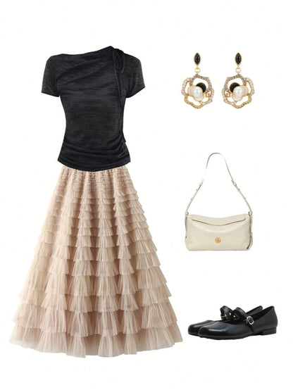 New French Style Long Skirt For Women, Elegant High Waist Mesh Tulle Puff Skirt, Autumn Spring