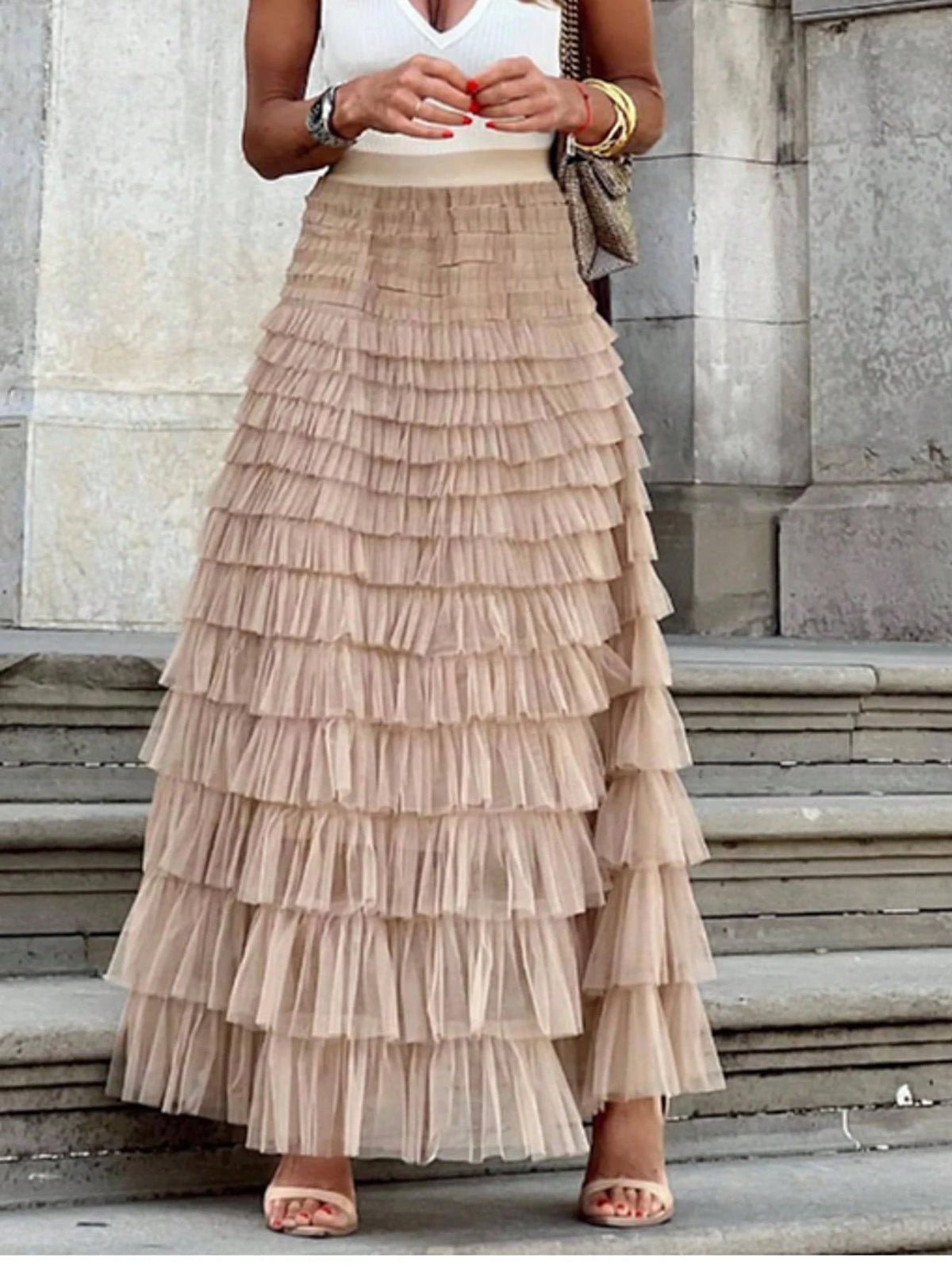 New French Style Long Skirt For Women, Elegant High Waist Mesh Tulle Puff Skirt, Autumn Spring