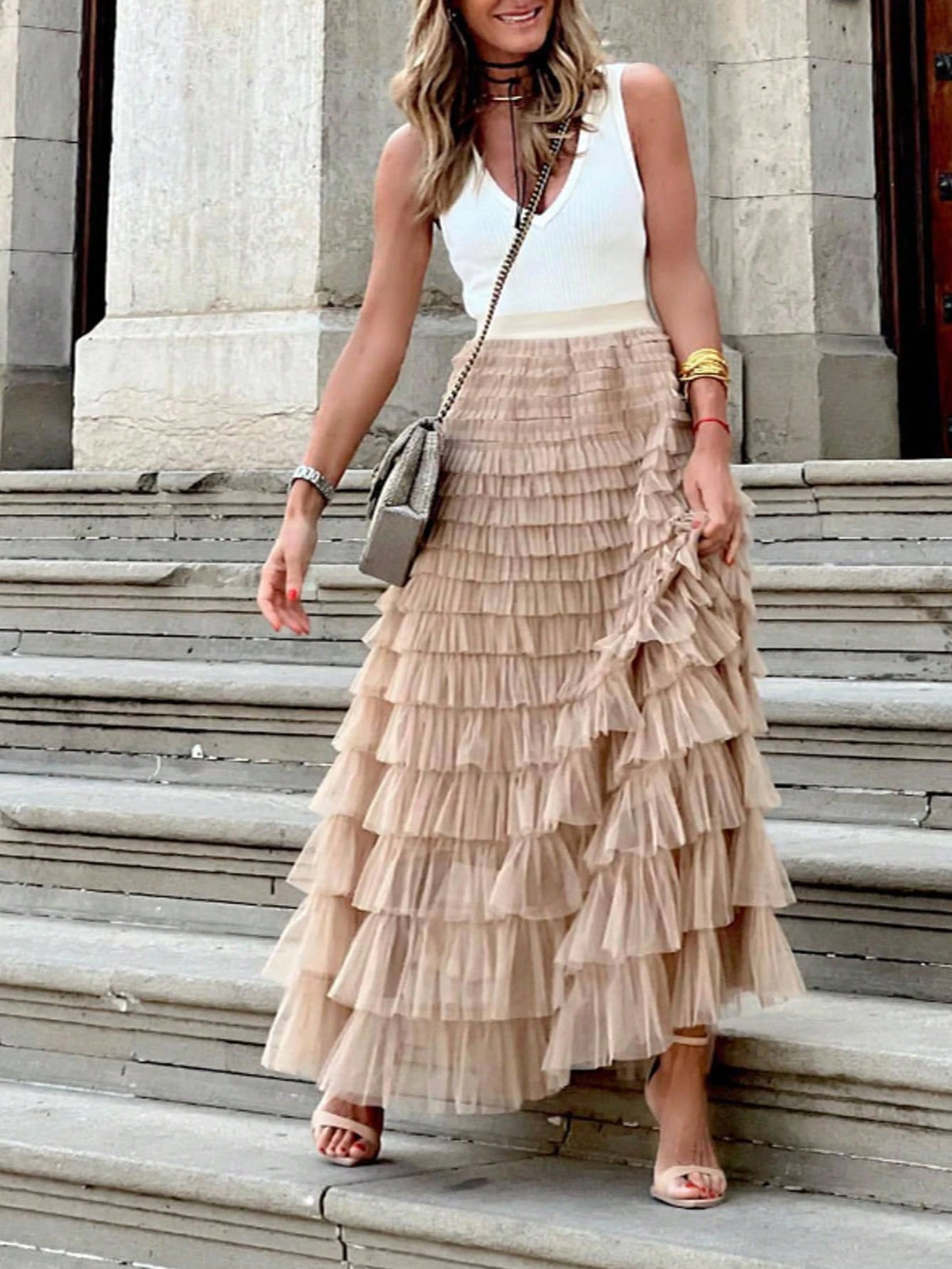 New French Style Long Skirt For Women, Elegant High Waist Mesh Tulle Puff Skirt, Autumn Spring