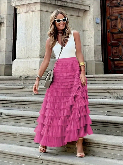 New French Style Long Skirt For Women, Elegant High Waist Mesh Tulle Puff Skirt, Autumn Spring