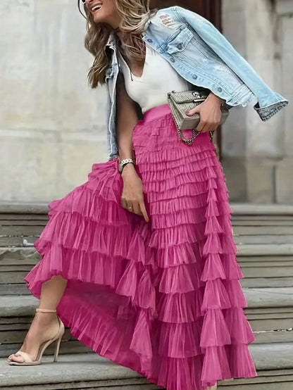 New French Style Long Skirt For Women, Elegant High Waist Mesh Tulle Puff Skirt, Autumn Spring