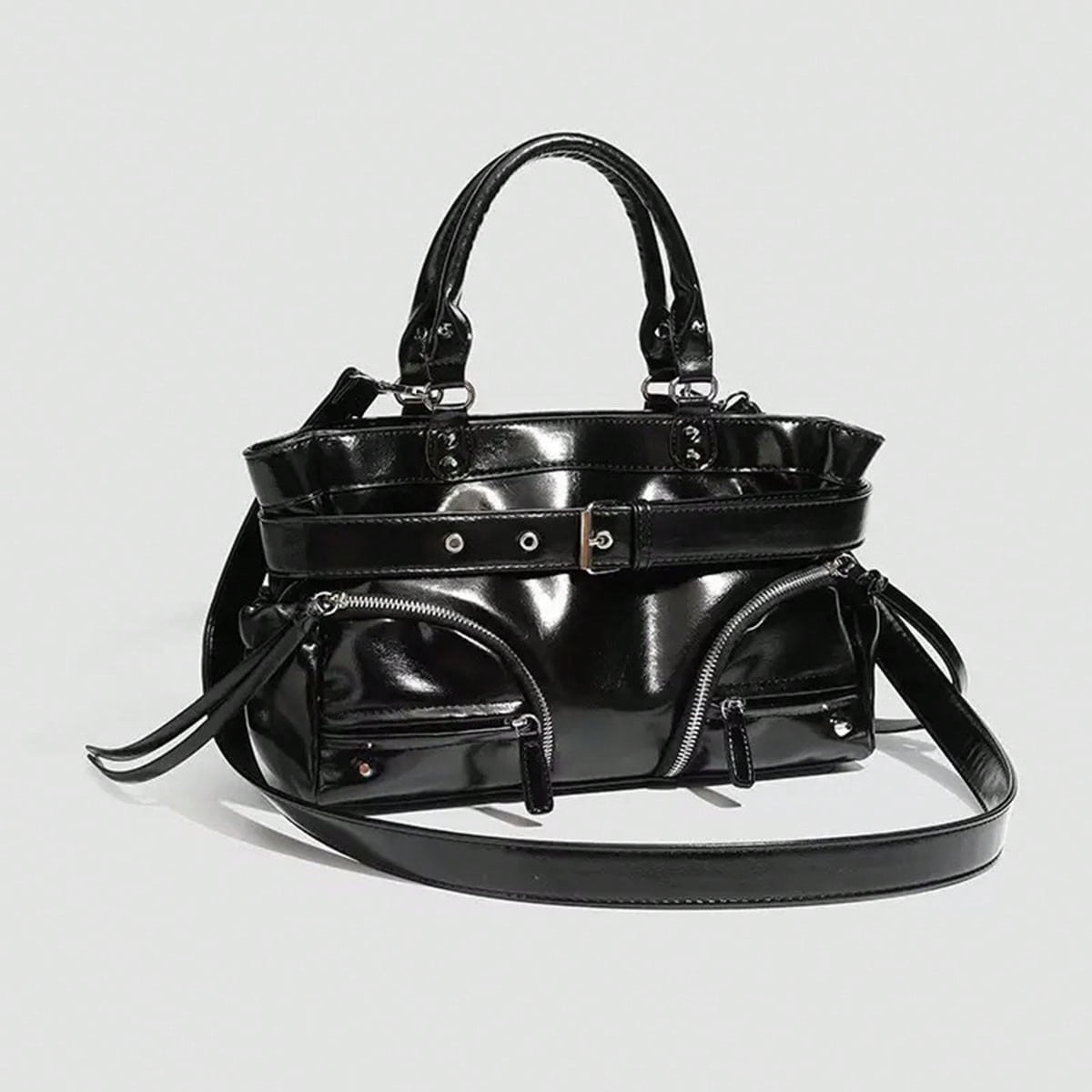 New Hot Girl Style Oil Wax Leather Rivet Design Motorcycle Bag, Large Capacity Shoulder Crossbody Commuter Tote Handbag
