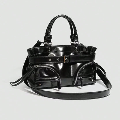 New Hot Girl Style Oil Wax Leather Rivet Design Motorcycle Bag, Large Capacity Shoulder Crossbody Commuter Tote Handbag