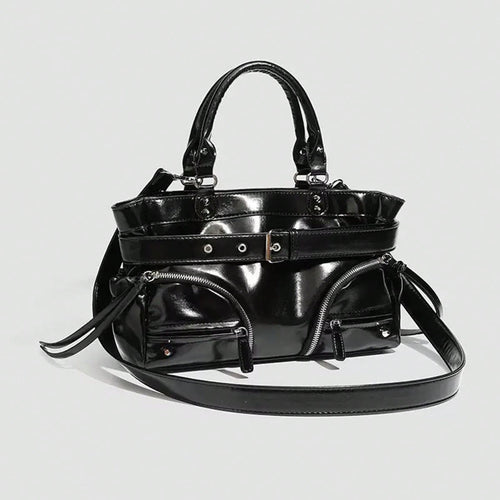 New Hot Girl Style Oil Wax Leather Rivet Design Motorcycle Bag, Large Capacity Shoulder Crossbody Commuter Tote Handbag