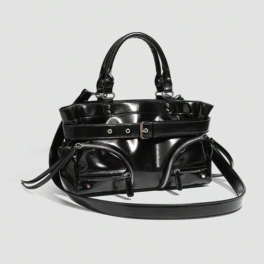New Hot Girl Style Oil Wax Leather Rivet Design Motorcycle Bag, Large Capacity Shoulder Crossbody Commuter Tote Handbag