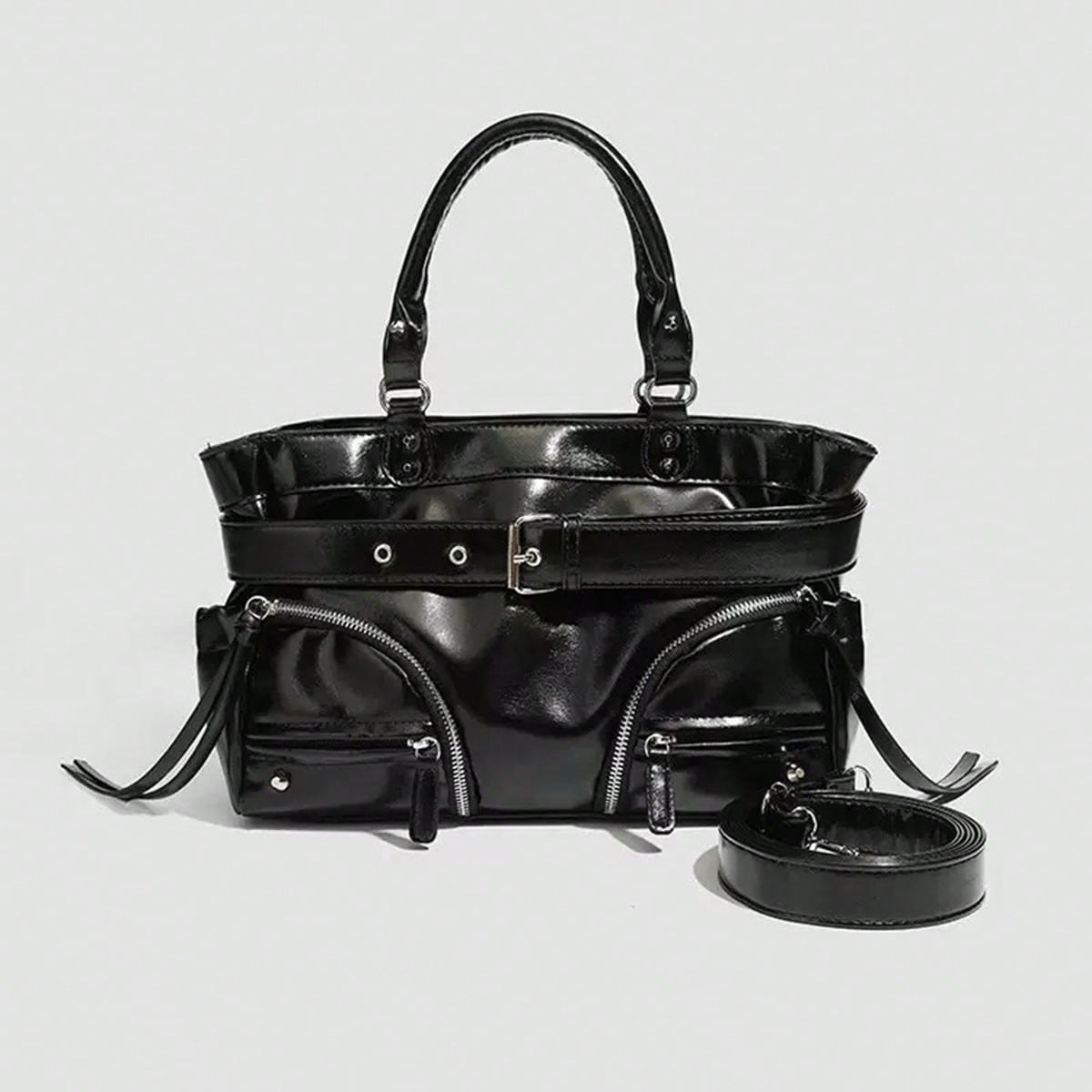New Hot Girl Style Oil Wax Leather Rivet Design Motorcycle Bag, Large Capacity Shoulder Crossbody Commuter Tote Handbag