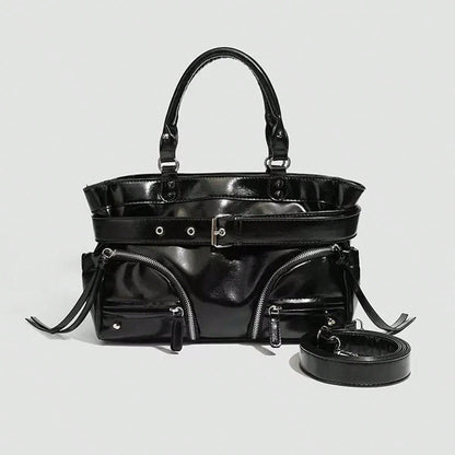 New Hot Girl Style Oil Wax Leather Rivet Design Motorcycle Bag, Large Capacity Shoulder Crossbody Commuter Tote Handbag