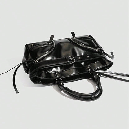 New Hot Girl Style Oil Wax Leather Rivet Design Motorcycle Bag, Large Capacity Shoulder Crossbody Commuter Tote Handbag