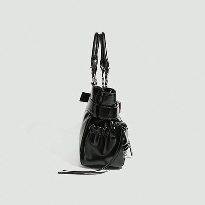 New Hot Girl Style Oil Wax Leather Rivet Design Motorcycle Bag, Large Capacity Shoulder Crossbody Commuter Tote Handbag