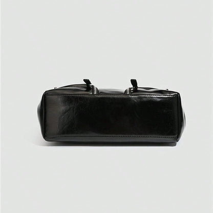 New Hot Girl Style Oil Wax Leather Rivet Design Motorcycle Bag, Large Capacity Shoulder Crossbody Commuter Tote Handbag