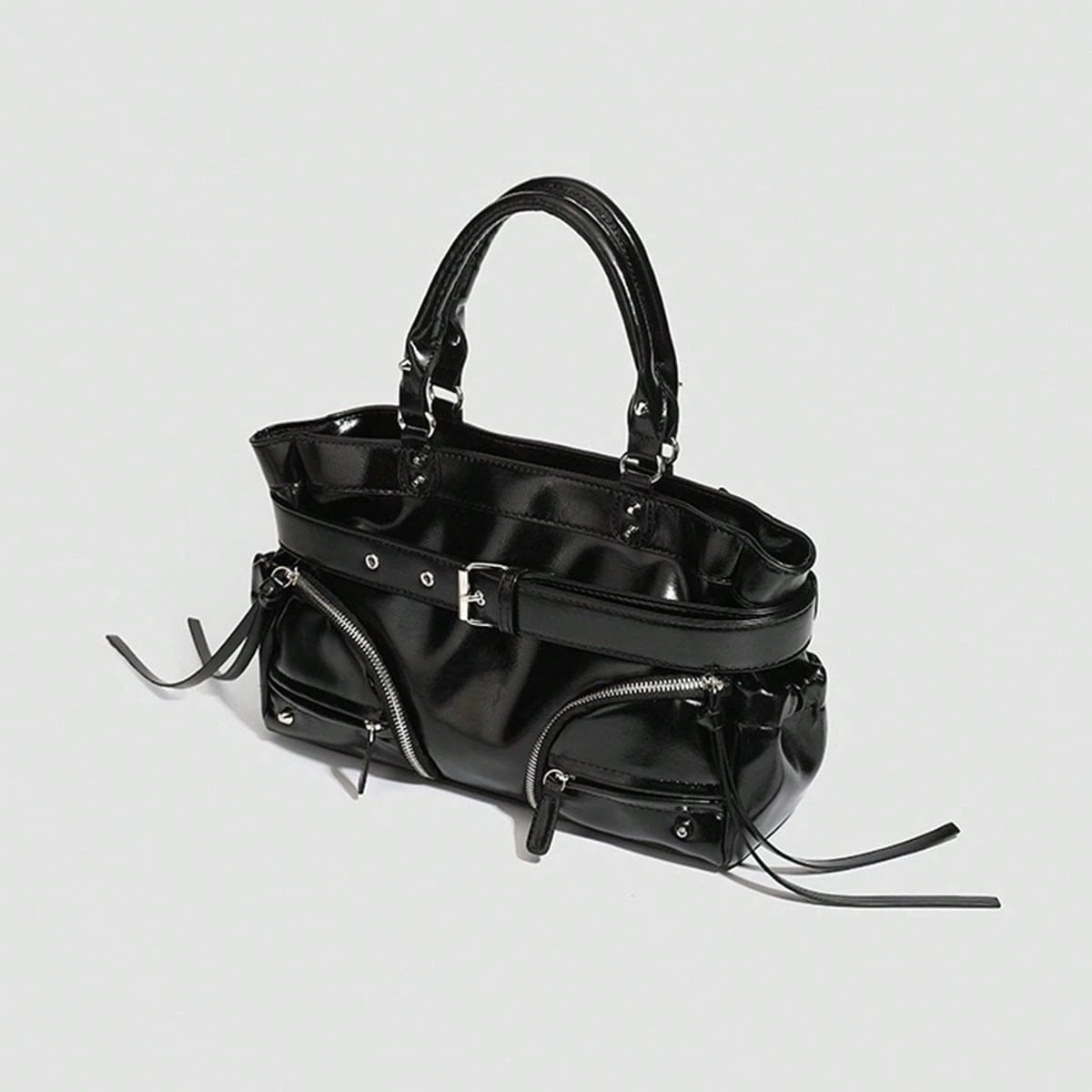 New Hot Girl Style Oil Wax Leather Rivet Design Motorcycle Bag, Large Capacity Shoulder Crossbody Commuter Tote Handbag