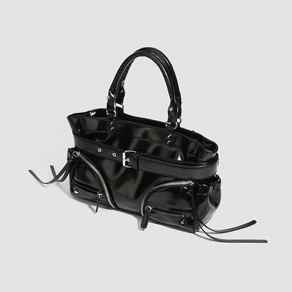 New Hot Girl Style Oil Wax Leather Rivet Design Motorcycle Bag, Large Capacity Shoulder Crossbody Commuter Tote Handbag