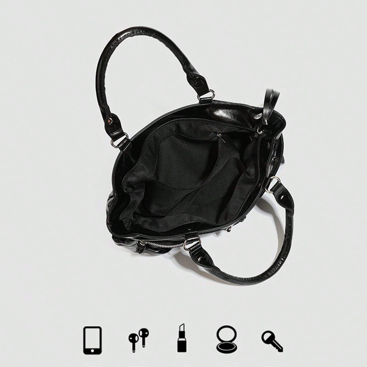 New Hot Girl Style Oil Wax Leather Rivet Design Motorcycle Bag, Large Capacity Shoulder Crossbody Commuter Tote Handbag
