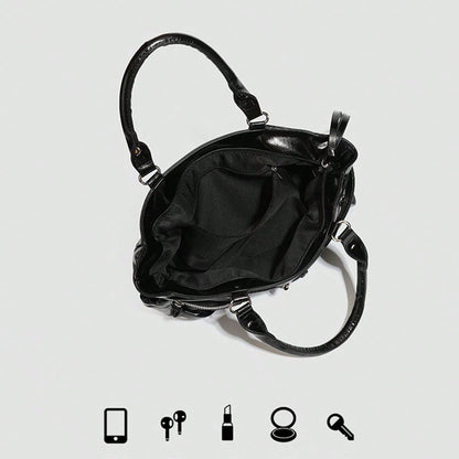 New Hot Girl Style Oil Wax Leather Rivet Design Motorcycle Bag, Large Capacity Shoulder Crossbody Commuter Tote Handbag