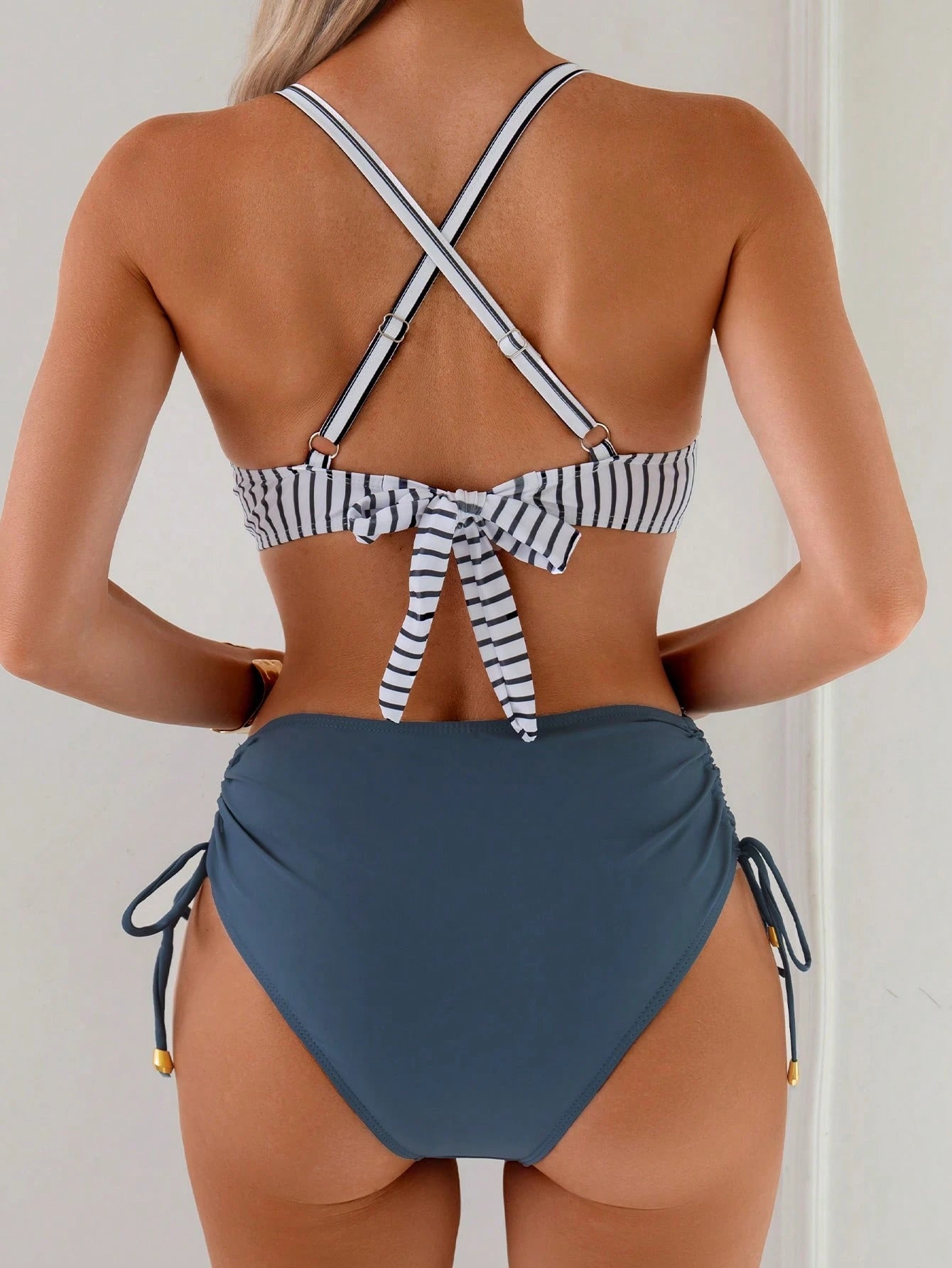 New Sexy High Waist Criss-Cross Strap Bikini Set For Women, Metal Pendant Decor, Adjustable Drawstring, Flattering Tummy Coverage Vacation Beach Summer